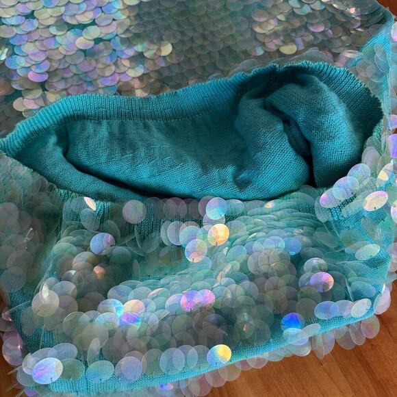 Vintage Norma Kamali dress sequined sequin teal Turquoise mermaid sz L paillete - Picture 14 of 17